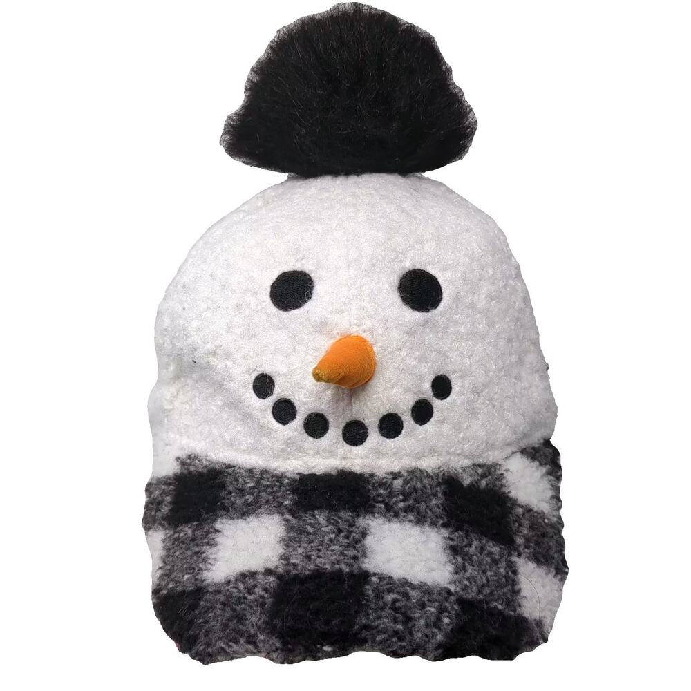 Holiday Time Snowman Baseball Cap White Black OS Strapback Pom Pom Plaid Hat